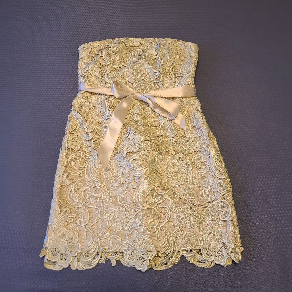 Adrianna Papell Evening Gold/Cream Lace Overlay Strapless Cocktail Dress 10